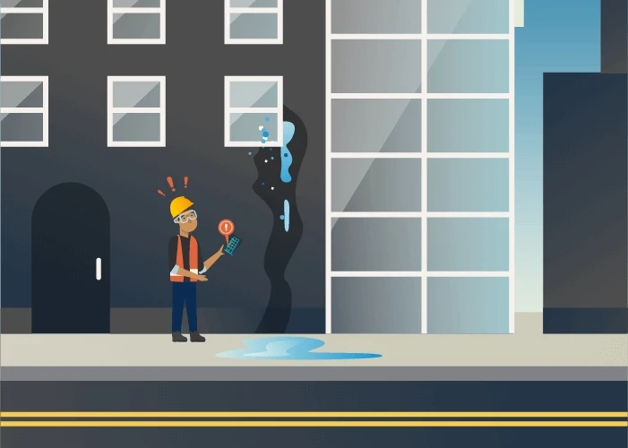illustration of a man in a hard hat surveying a building 