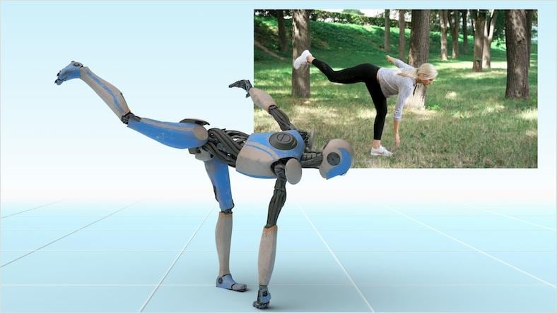 An animated robot character performs the same one-legged stance as the woman in the inset video behind it.