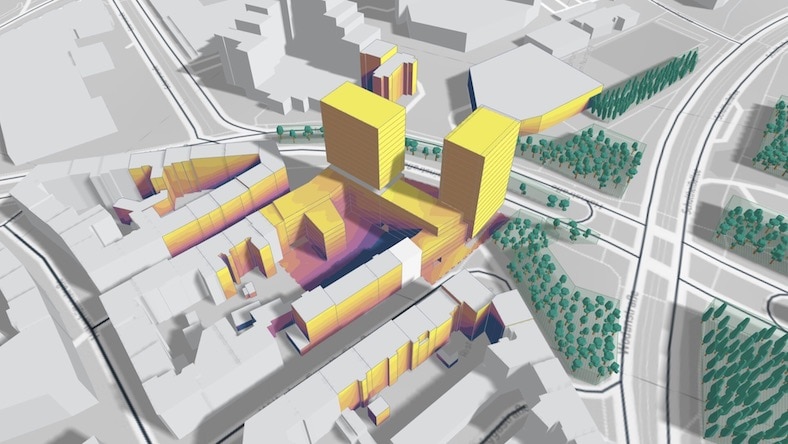 Autodesk Forma sun hour analysis of proposed buildings