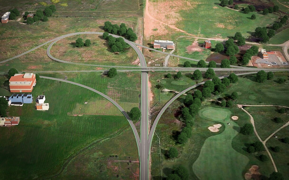 Aerial view of a rural freeway interchange