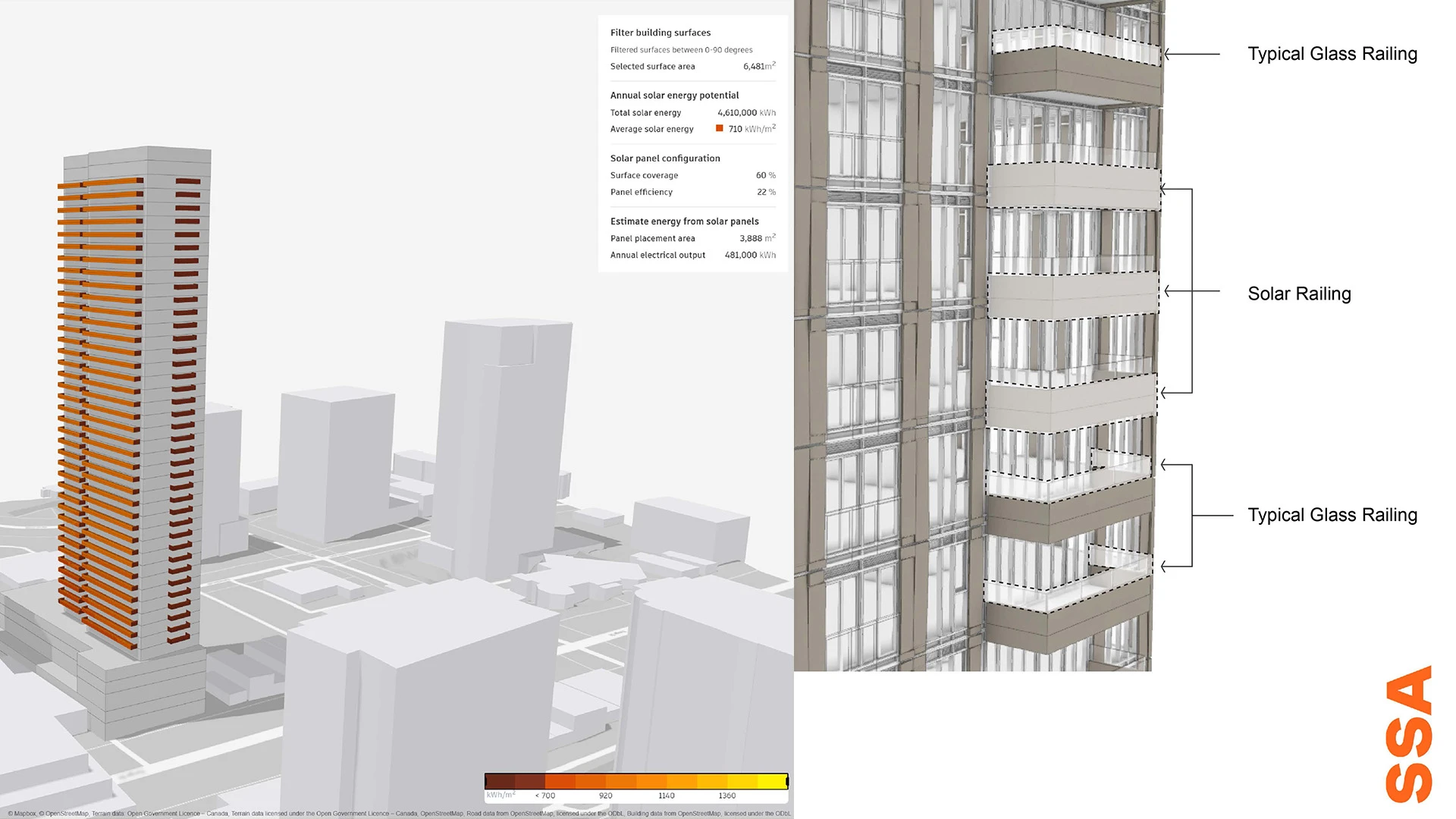 3D model of a high-rise with solar railings, energy potential analysis, and surrounding buildings in a cityscape.