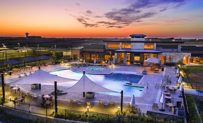 Bird's eye view image of a hotel pool area