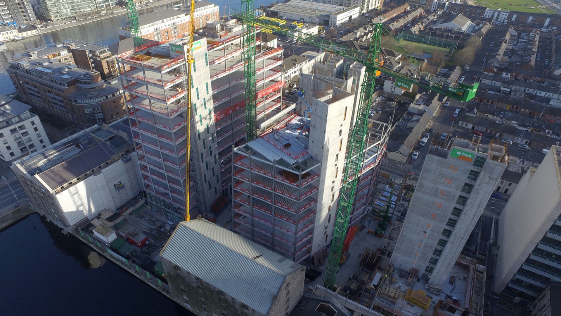 Office and residential buildings under construction at Boland's Quay in Dublin, Ireland.