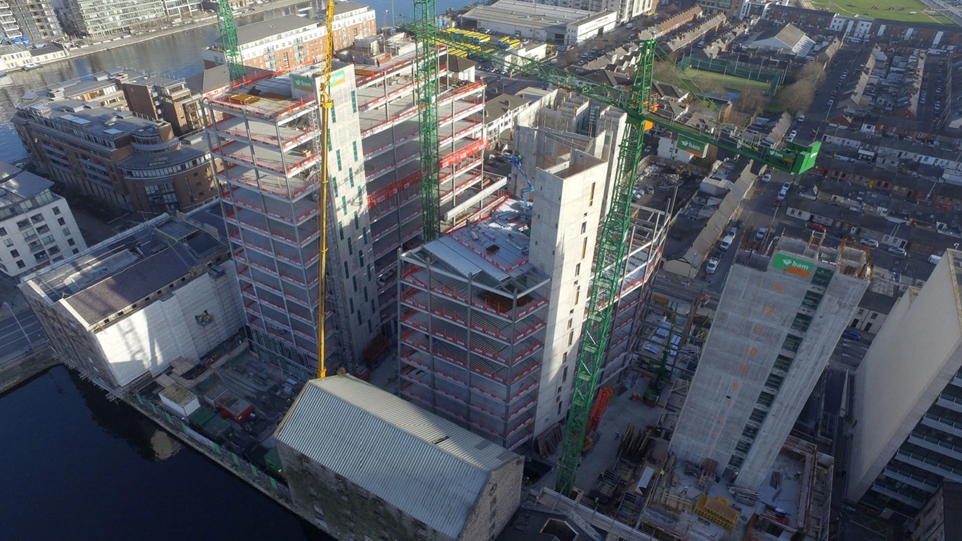 Office and residential buildings under construction at Boland's Quay in Dublin, Ireland.