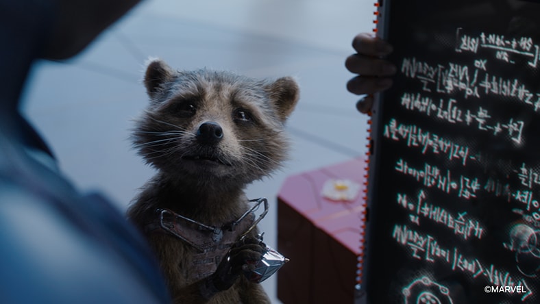 Still of Rocket from Guardians of the Galaxy Volume 3.