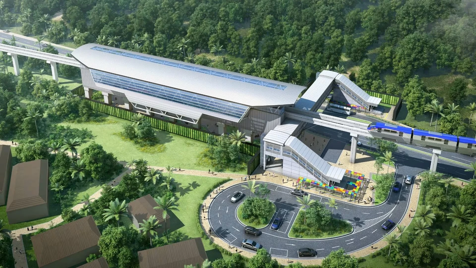 Representación que muestra una vista aérea de la estación de metro Loma Cová en la Ciudad de Panamá.