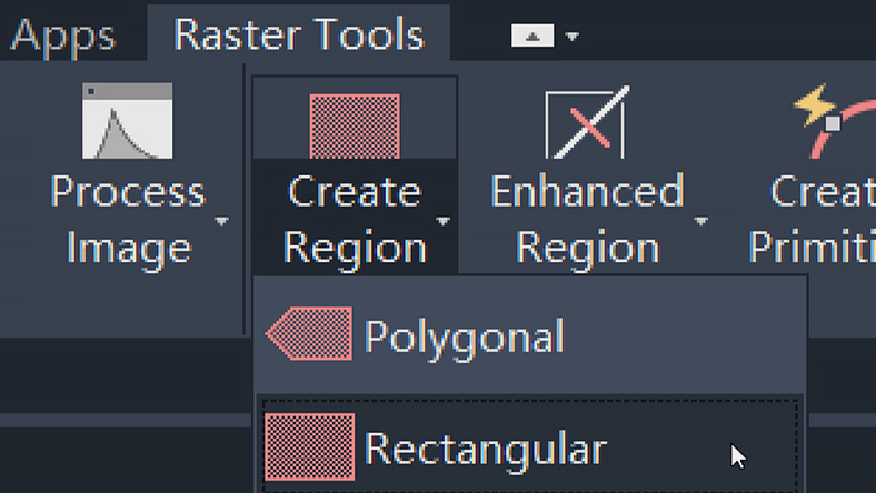 Screenshot of Raster Tools menu in software, showing options to create regions: Polygonal and Rectangular under "Create Region."