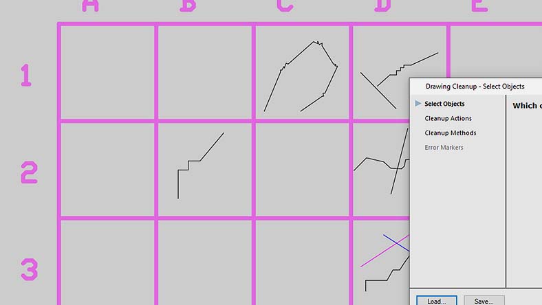 Grid with line drawings in cells and a Drawing Cleanup dialog box partially visible on the right side.