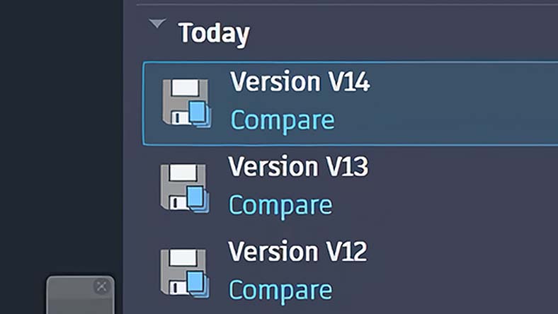 Version history list with options to compare versions V14, V13, and V12, each with a floppy disk icon.