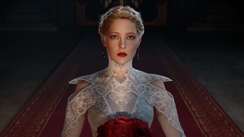 A still from Axis Studio’s Crimson Vow trailer shows a woman in a high-necked white gown.