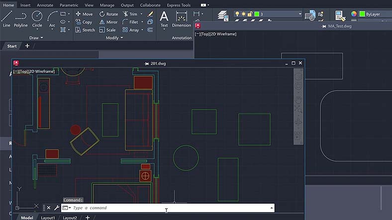  AutoCAD interface showing a 2D wireframe floor plan with tools and command bar visible.
