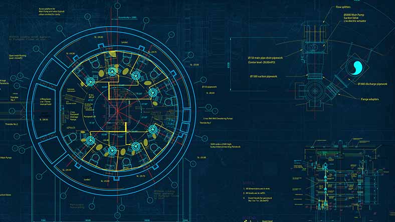 A technical CAD drawing of a circular mechanical component features details and measurements in a blueprint style.