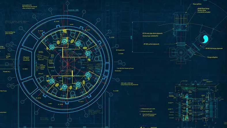 A technical CAD drawing of a circular mechanical component features details and measurements in a blueprint style.