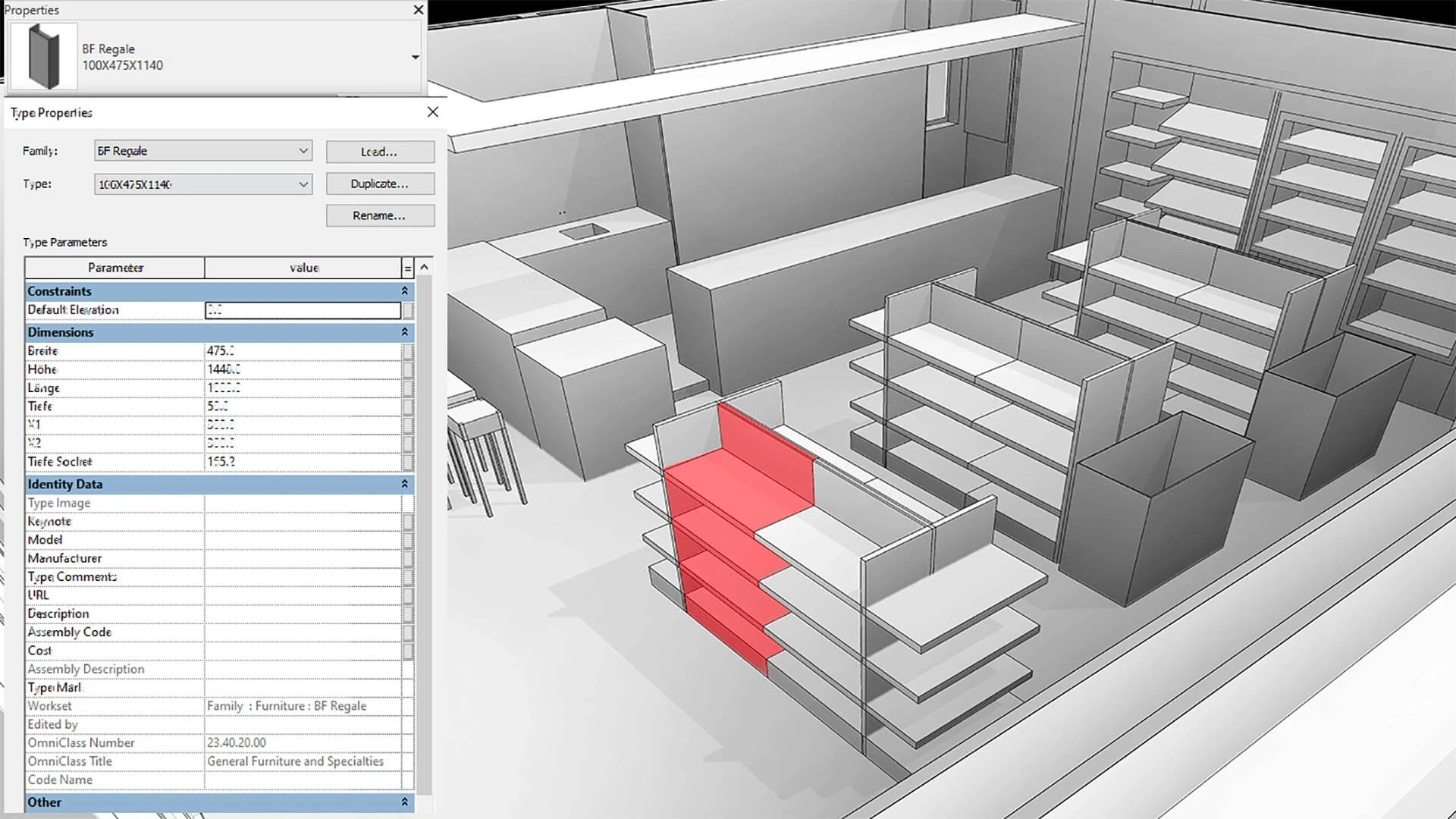 A model of a convenience store shows placement of shelves and fixtures.