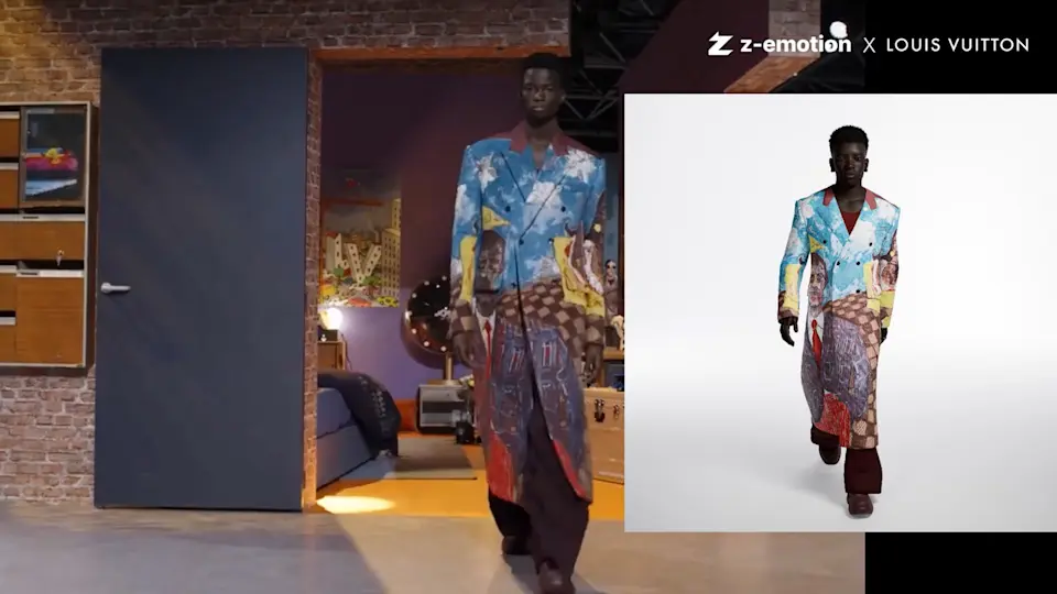 A split screen shows a photograph of a fashion runway model on the left side and a virtualized version of the model on the right side.