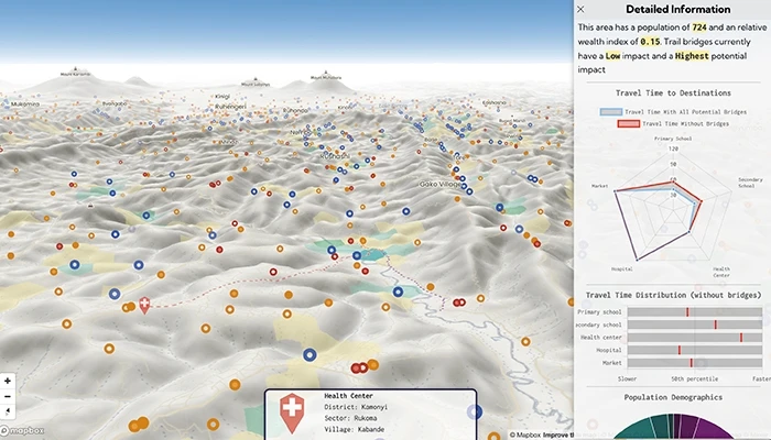 In this Fika Map computer rendering, travel times are shown as icons overlaid on terrain