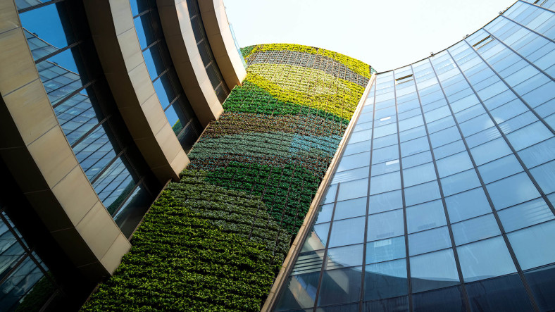 One wall of a skyscraper is covered with plants.