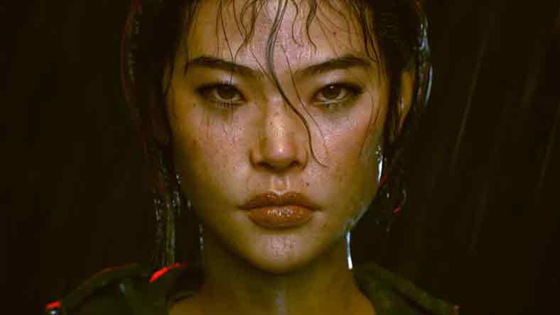 A realistic character model of a young woman in the rain.