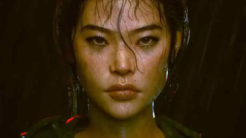 A realistic character model of a young woman in the rain.