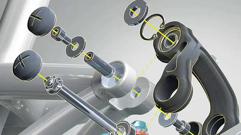 Exploded view of a mechanical part with bolts and washers.