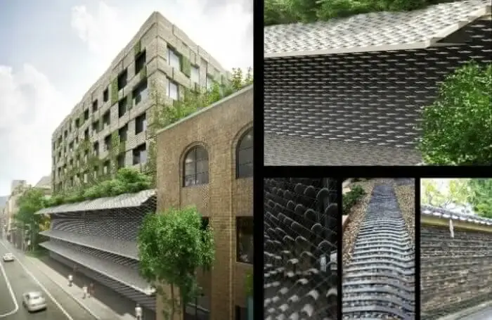 Views of the Ace Hotel Kyoto’s facade architectural visualization