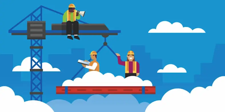 Illustration of construction workers on a crane among the clouds, representing connected BIM