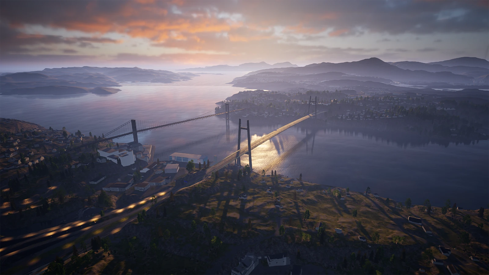 In a rendering, an aerial view of a suspension bridge spans a calm body of water at sunset, with a town and rolling hills on either side.