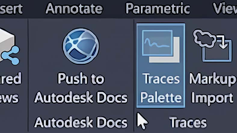 AutoCAD interface showing Traces Palette and Markup Import options under the Traces section.