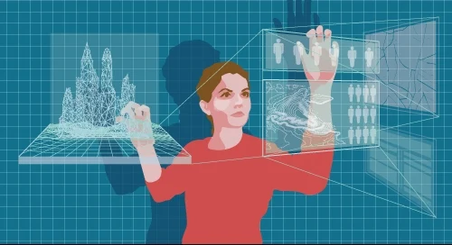 illustration of a person touching two transparent computer screens in front of her 