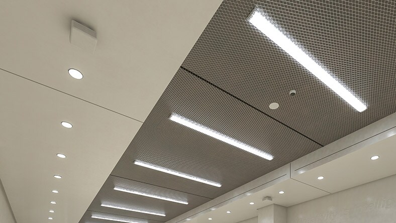 LED fixtures fill the ceiling of a commercial space.