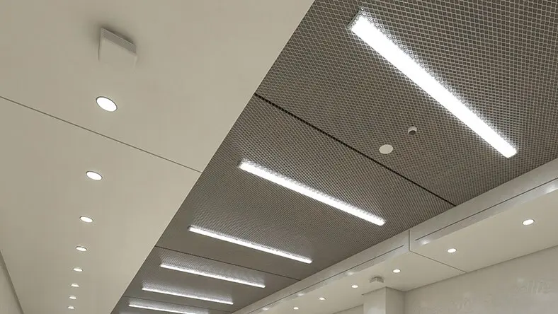 LED fixtures fill the ceiling of a commercial space.