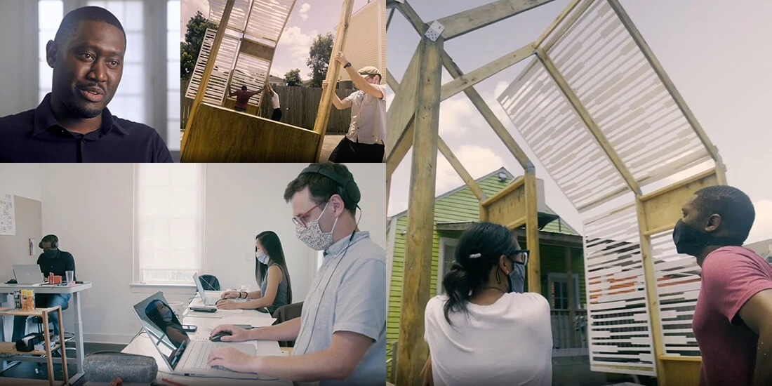 Collage of 3 photos of Colloqate Design employees in the office and onsite