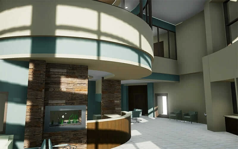Detailed VR simulation of a hospital foyer