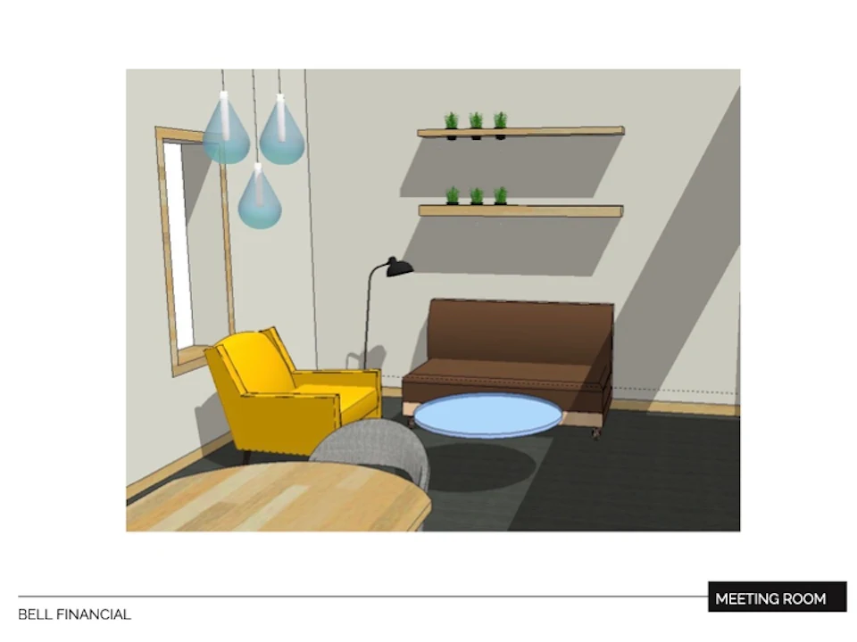 Virtual presentation Curio Design Studio rendering of meeting room mood board design elements arranged in the room