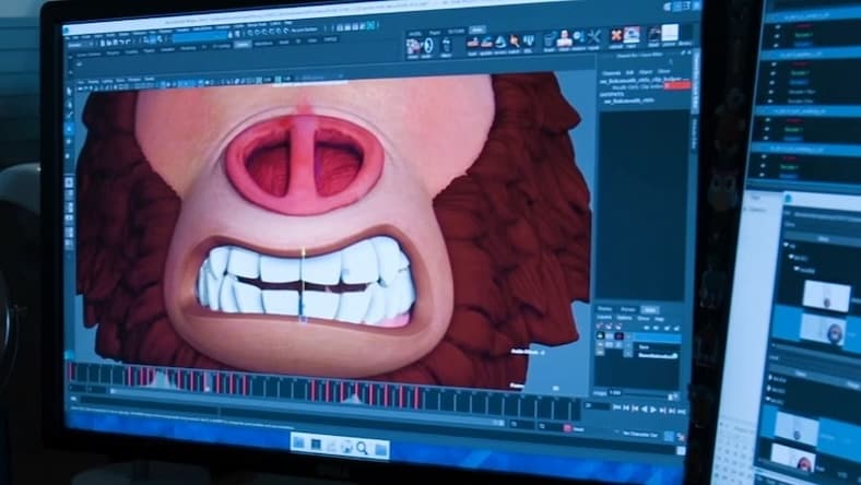 A screen displays 3D animation software with a close-up of the nose and mouth of an animated character from the film Missing Link. 
