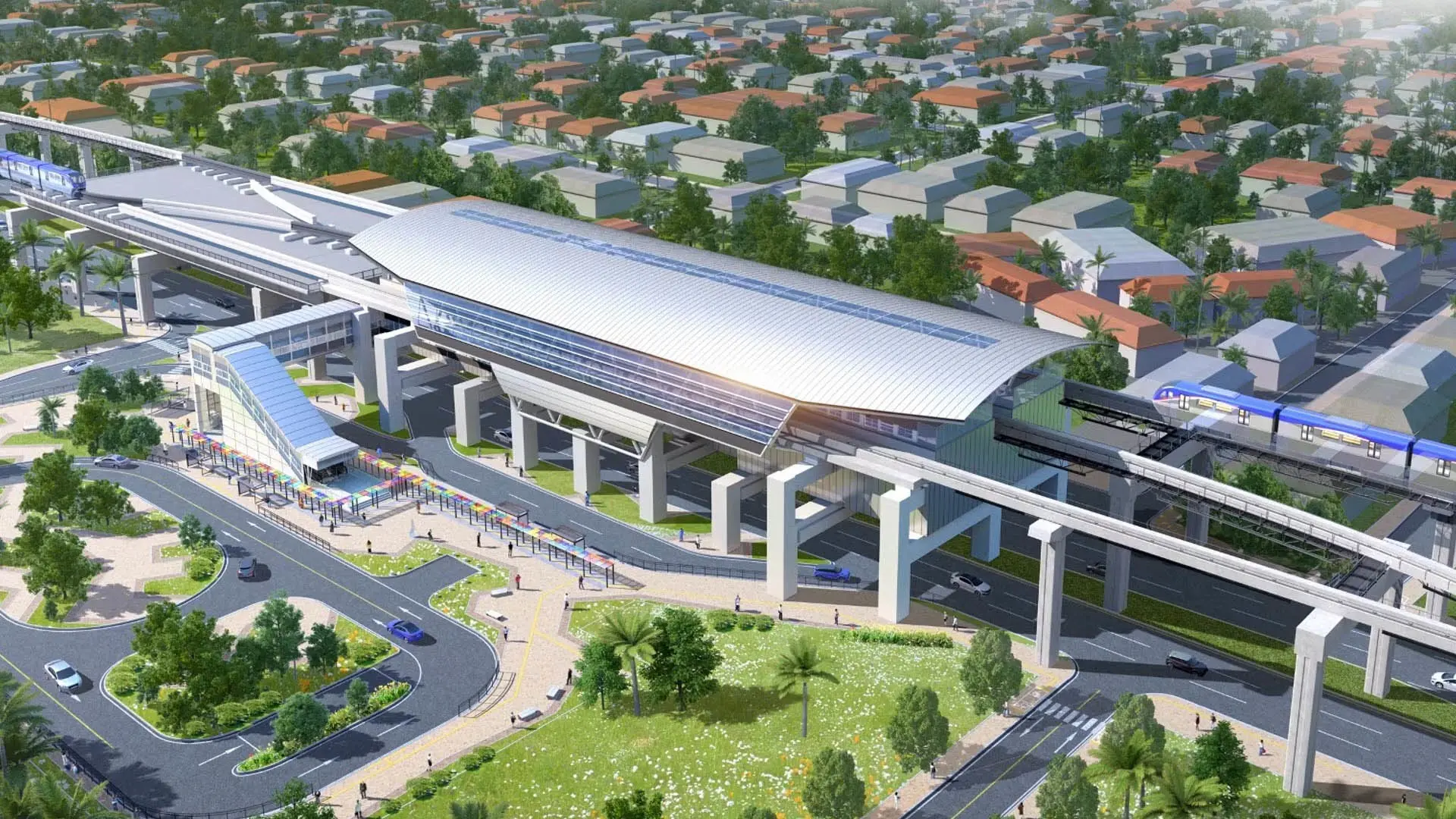 Una representación muestra una vista aérea de la estación de metro de Vista Alegre en Panamá.