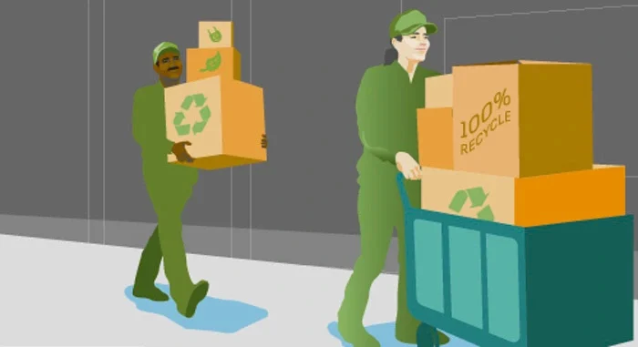Illustration of movers hauling cardboard boxes displaying recycling symbols