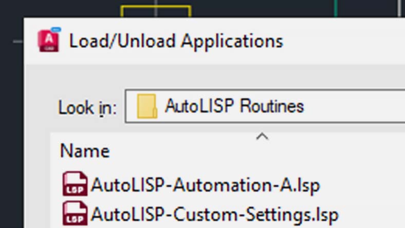 AutoCAD Load/Unload Applications window showing AutoLISP routines folder with two lsp files listed for selection.