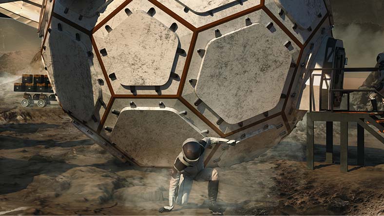 Astronaut on alien surface with metallic structure
