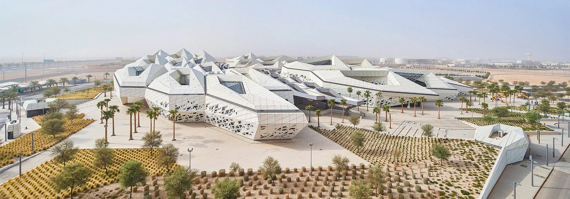 An elevated view of the King Abdullah Petroleum Studies and Research Centre in Riyadh, Saudi Arabia.
