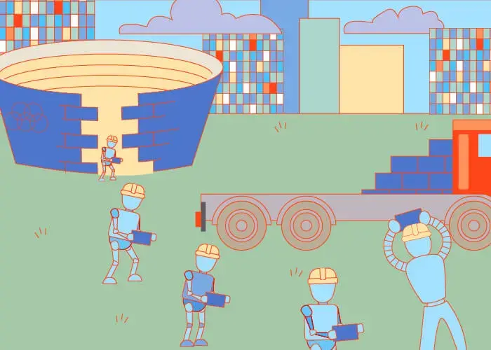 illustration of robots building an arena