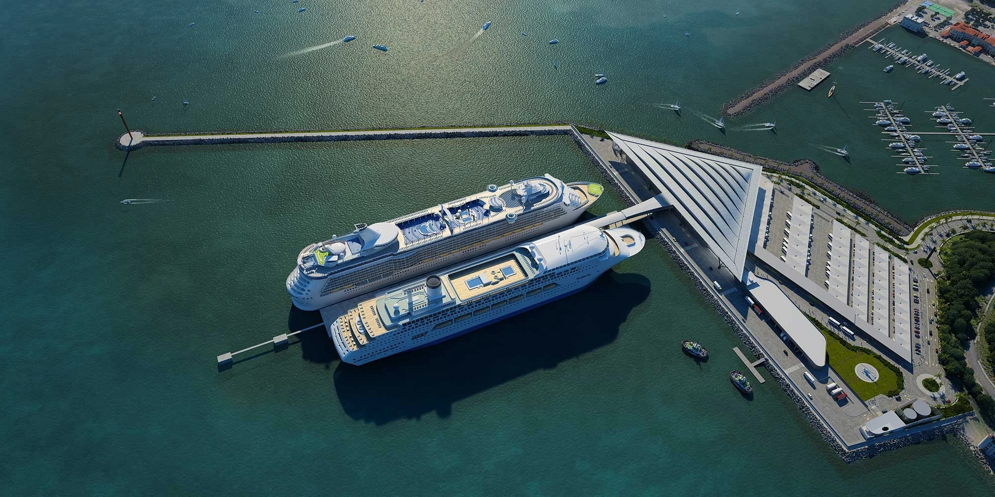 La nueva Terminal de Cruceros de Amador tendrá un muelle apto para recibir dos barcos de gran porte al mismo tiempo. Gentileza Mallol Arquitectos.
