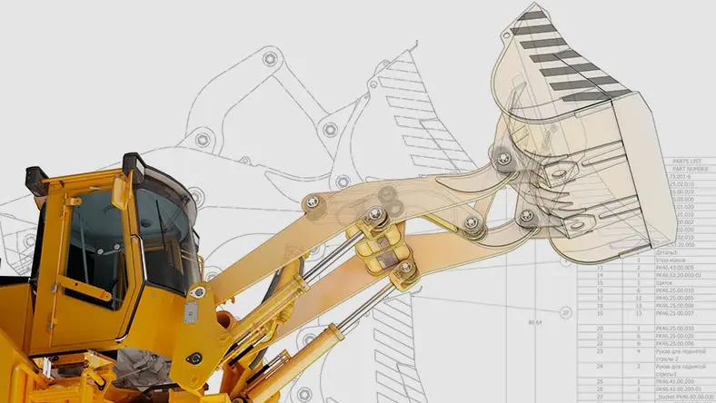 Designing a yellow excavator in 3D overlaying 2D drawing.