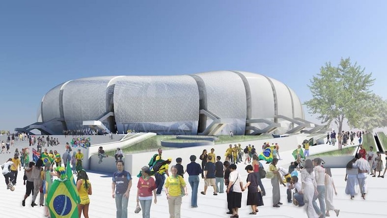 Rendering of the exterior of the Arena das Dunas stadium in Natal, Brazil