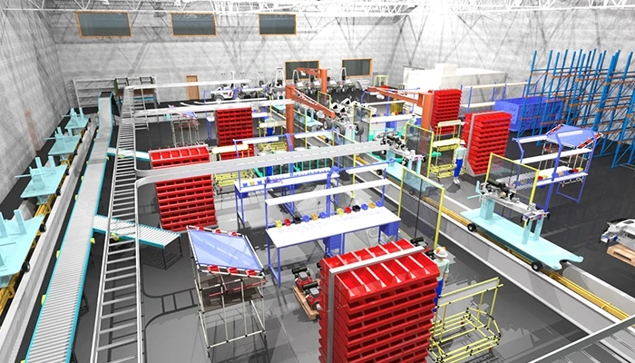 A rendering of the inside of a factory