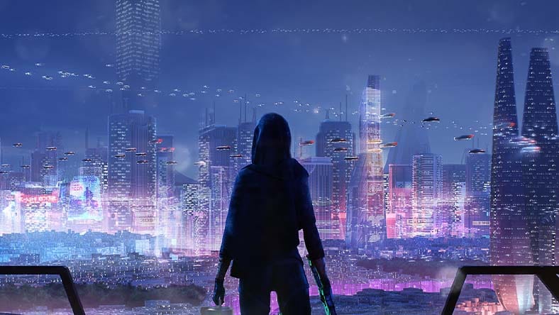 Futuristic cityscape with neon lights and advanced tech