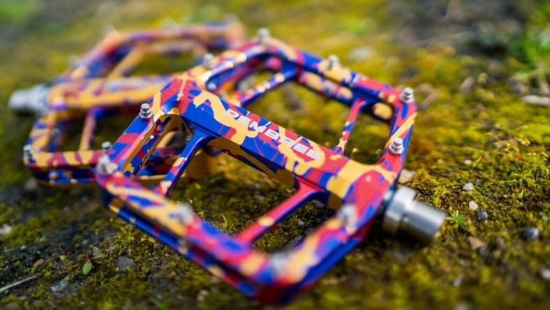 Close-up of colorful bicycle pedals.