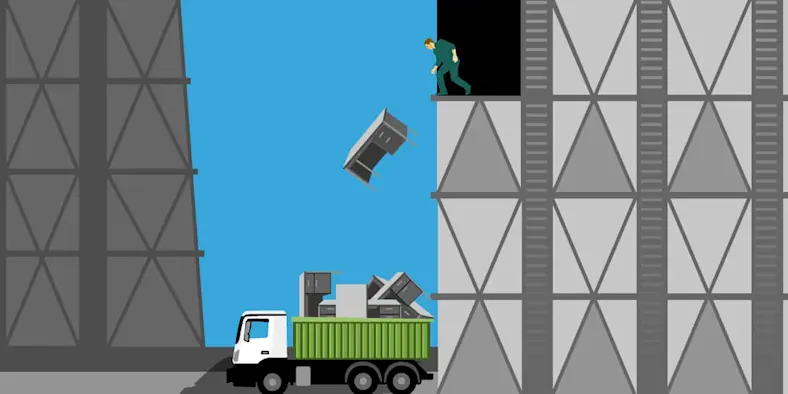 An illustration of an office worker throwing a desk out a window into an awaiting dump truck