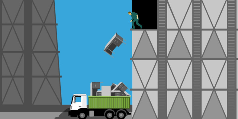 An illustration of an office worker throwing a desk out a window into an awaiting dump truck