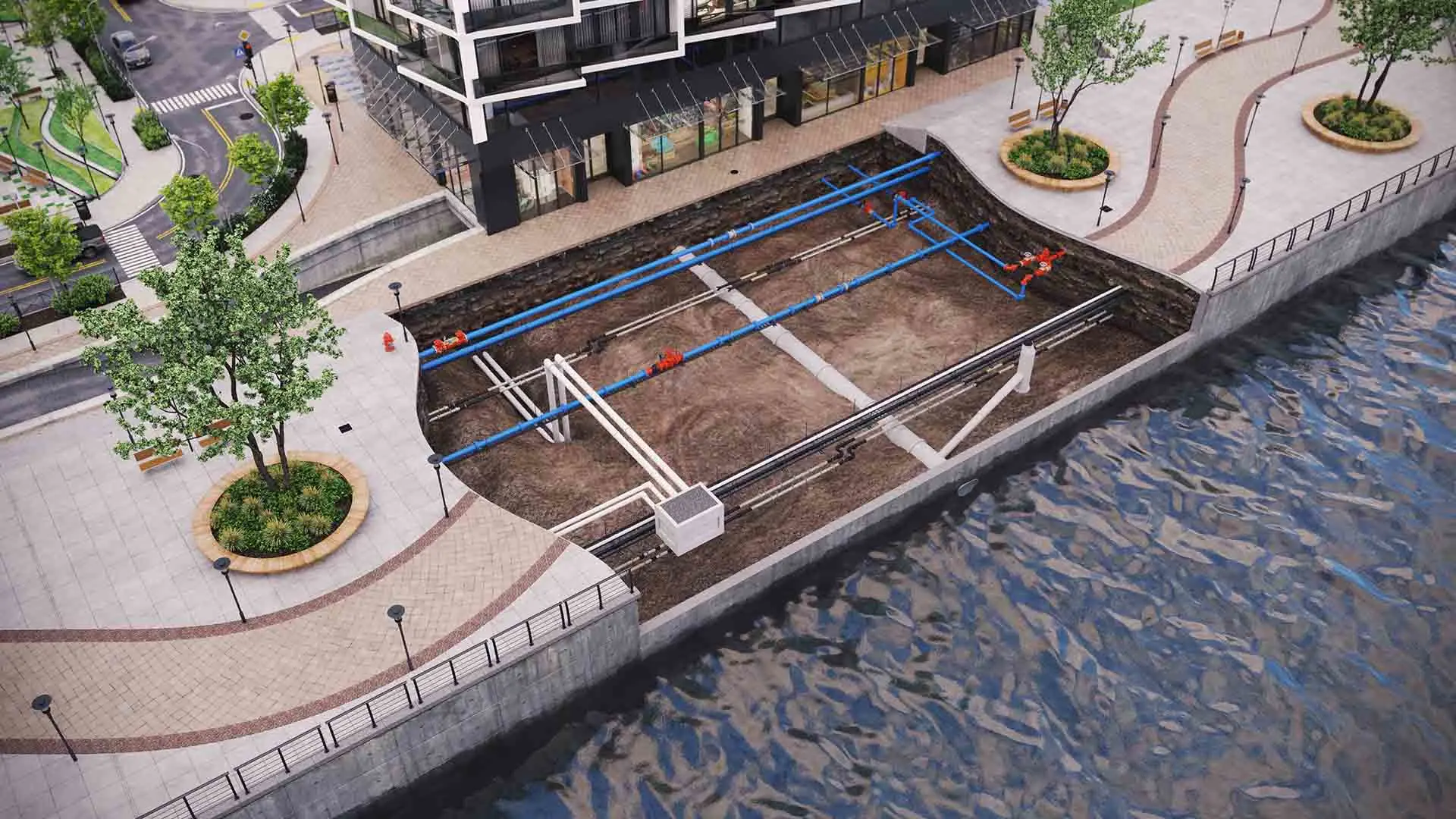 A software rendering shows water drainage infrastructure under city streets.